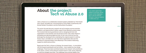 Photo from Tech v Abuse showing a webpage on the project open on a laptop.